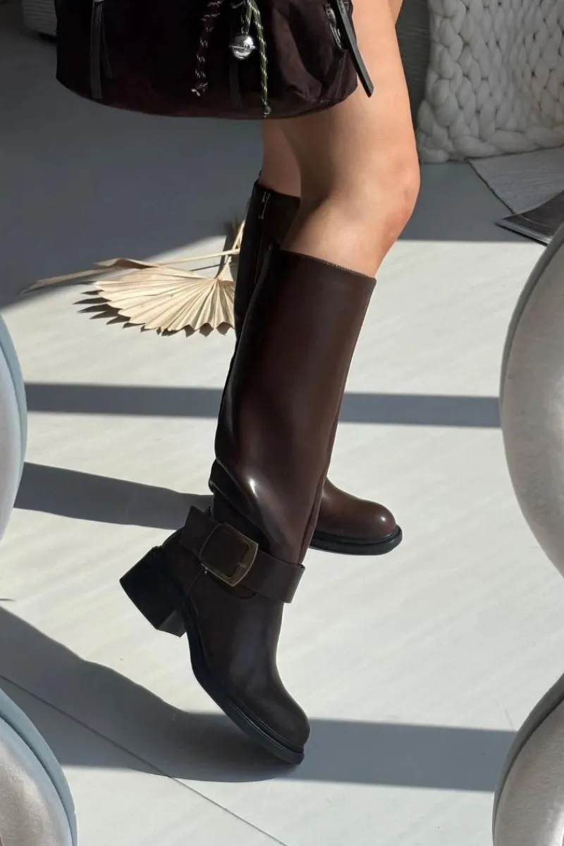 Kozaki Ocieplane|Kozaki Na Obcasie>Boto Ocieplane Kozaki Damskie Na Klocku Z Klamrą Czekoladowe Raphaela