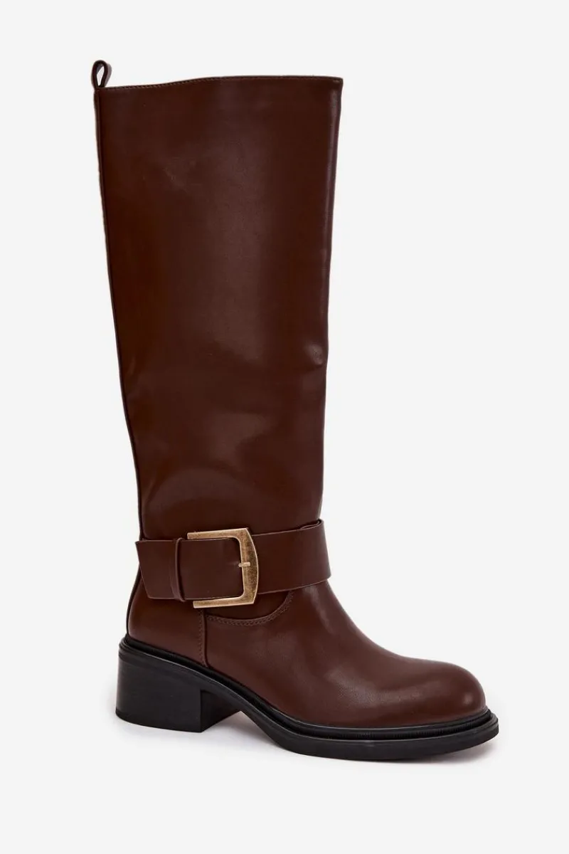 Kozaki Ocieplane|Kozaki Na Obcasie>Boto Ocieplane Kozaki Damskie Na Klocku Z Klamrą Czekoladowe Raphaela