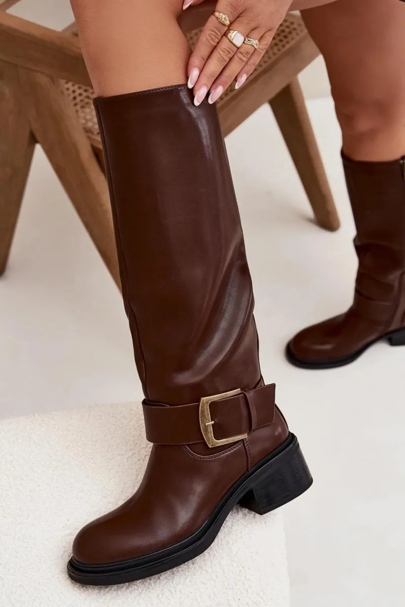 Kozaki Ocieplane|Kozaki Na Obcasie>Boto Ocieplane Kozaki Damskie Na Klocku Z Klamrą Czekoladowe Raphaela