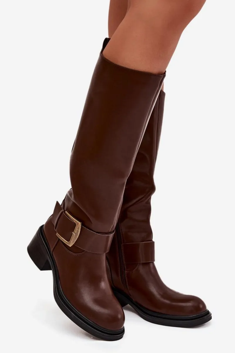 Kozaki Ocieplane|Kozaki Na Obcasie>Boto Ocieplane Kozaki Damskie Na Klocku Z Klamrą Czekoladowe Raphaela