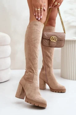 Ocieplane Kozaki Damskie Na Słupku Eko Zamszowe Beżowe Tirisha Damskie Kozaki Przed Kolano|Kozaki Na Obcasie