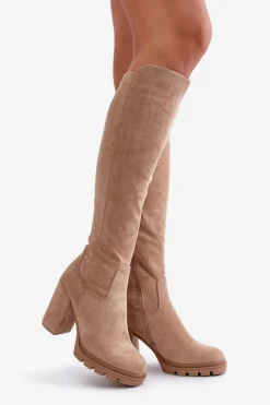Ocieplane Kozaki Damskie Na Słupku Eko Zamszowe Beżowe Tirisha Damskie Kozaki Przed Kolano|Kozaki Na Obcasie