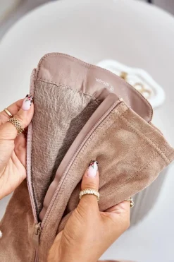 Ocieplane Kozaki Damskie Na Słupku Eko Zamszowe Beżowe Tirisha Damskie Kozaki Przed Kolano|Kozaki Na Obcasie