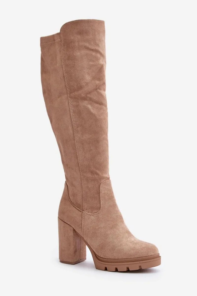 Ocieplane Kozaki Damskie Na Słupku Eko Zamszowe Beżowe Tirisha Damskie Kozaki Przed Kolano|Kozaki Na Obcasie