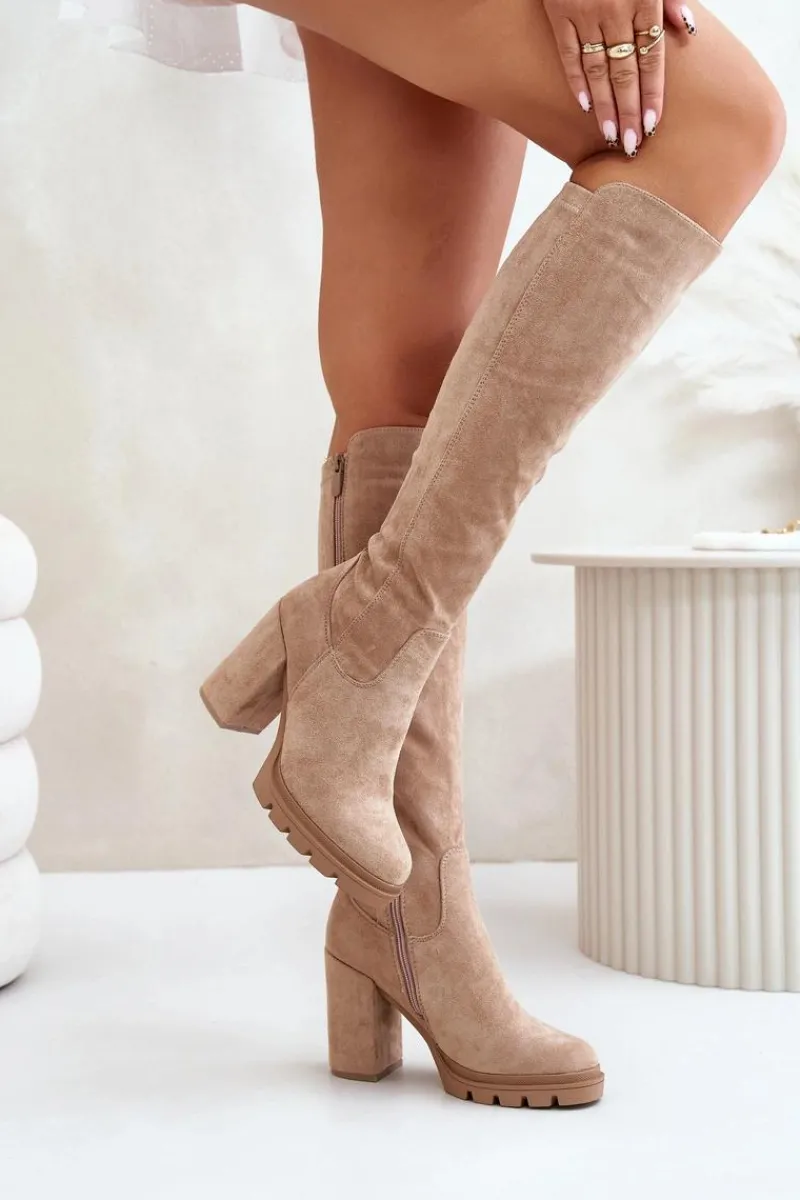 Ocieplane Kozaki Damskie Na Słupku Eko Zamszowe Beżowe Tirisha Damskie Kozaki Przed Kolano|Kozaki Na Obcasie
