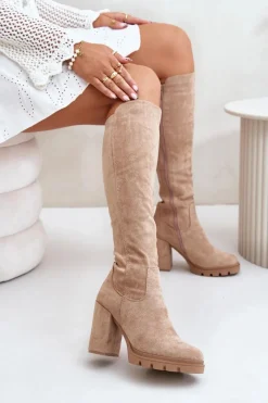 Ocieplane Kozaki Damskie Na Słupku Eko Zamszowe Beżowe Tirisha Damskie Kozaki Przed Kolano|Kozaki Na Obcasie