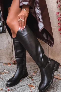 Boto Ocieplane Kozaki Damskie Na Płaskim Obcasie Z Ozdobnym Detalem Czarne Renaya Czarny