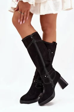 Outlet Boto Ocieplane Kozaki Damskie Na Słupku Z Przeszyciami Czarne Alessara Czarny