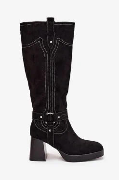 Outlet Boto Ocieplane Kozaki Damskie Na Słupku Z Przeszyciami Czarne Alessara Czarny