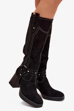 Outlet Boto Ocieplane Kozaki Damskie Na Słupku Z Przeszyciami Czarne Alessara Czarny