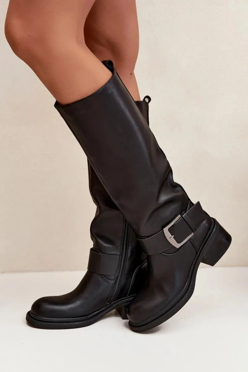 Kozaki Ocieplane|Kozaki Na Obcasie>Boto Ocieplane Kozaki Damskie Na Klocku Z Klamrą Czarne Raphaela Czarny