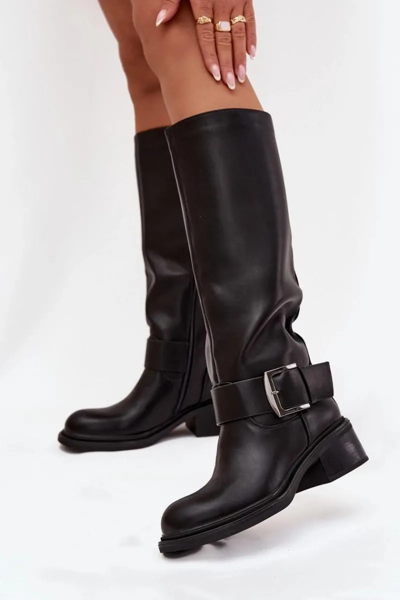 Kozaki Ocieplane|Kozaki Na Obcasie>Boto Ocieplane Kozaki Damskie Na Klocku Z Klamrą Czarne Raphaela Czarny