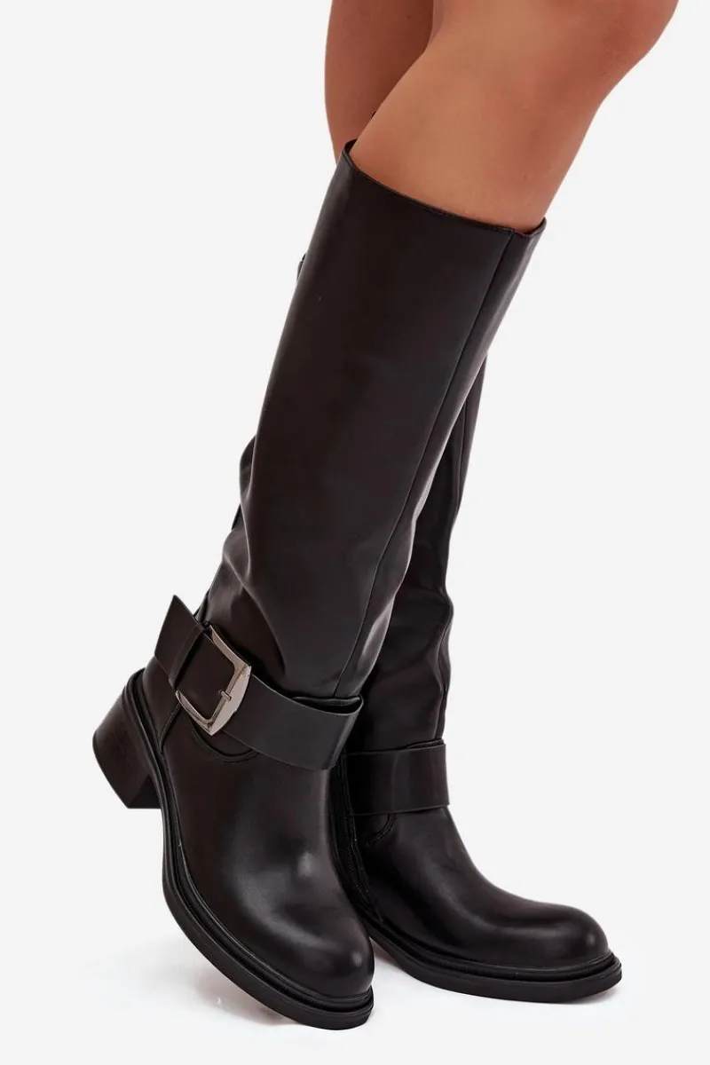 Kozaki Ocieplane|Kozaki Na Obcasie>Boto Ocieplane Kozaki Damskie Na Klocku Z Klamrą Czarne Raphaela Czarny