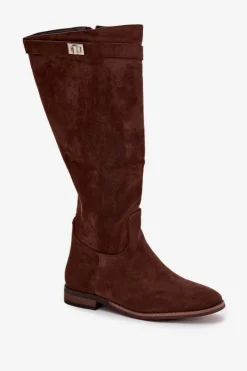 Kozaki Ocieplane|Kozaki Płaskie></noscript>Boto Ocieplane Kozaki Damskie Na Płaskim Obcasie Z Paskiem I Srebrnym Detalem Brązowe Geraline