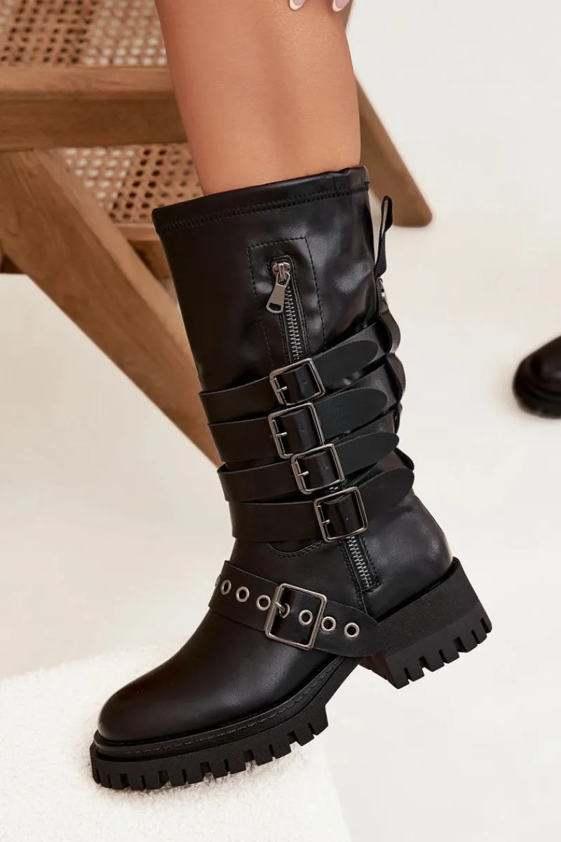 New Boto Ocieplane Kozaki Damskie Z Paskami I Klamrami Czarne Ivaline Czarny