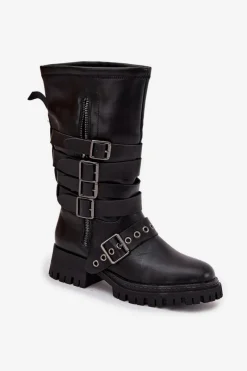 New Boto Ocieplane Kozaki Damskie Z Paskami I Klamrami Czarne Ivaline Czarny