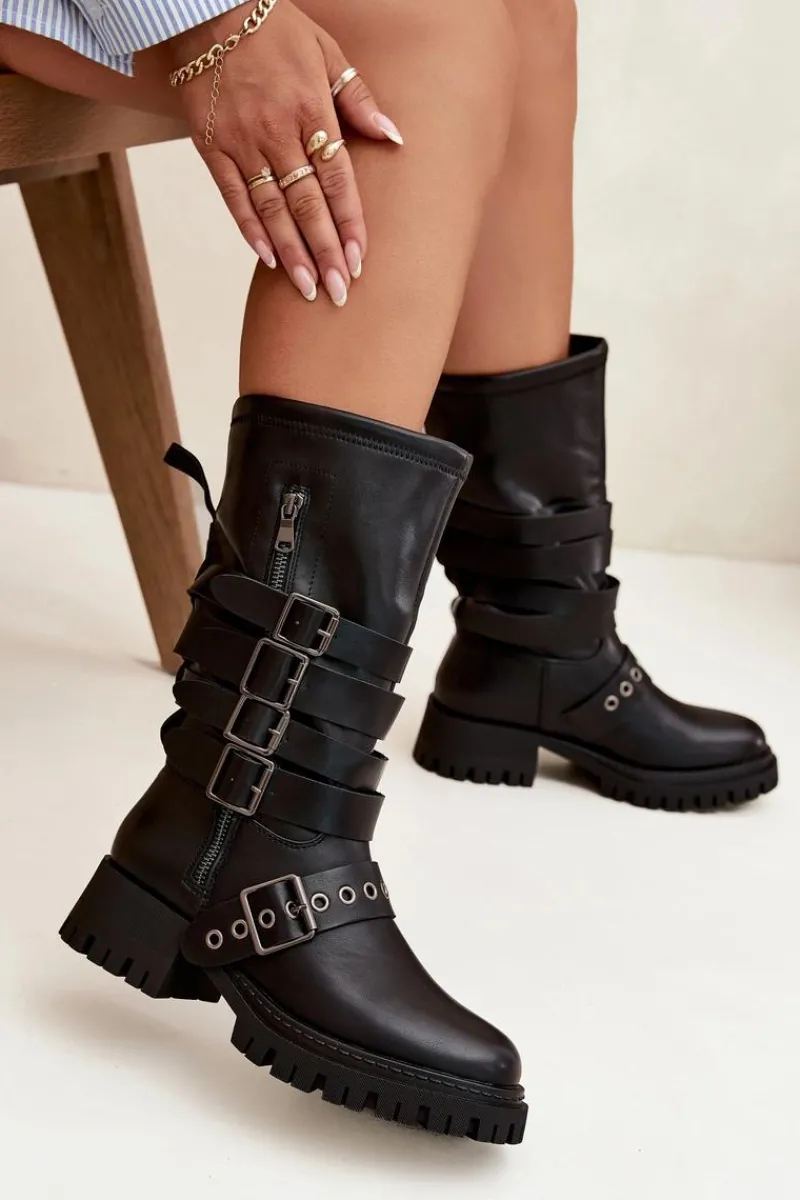 New Boto Ocieplane Kozaki Damskie Z Paskami I Klamrami Czarne Ivaline Czarny