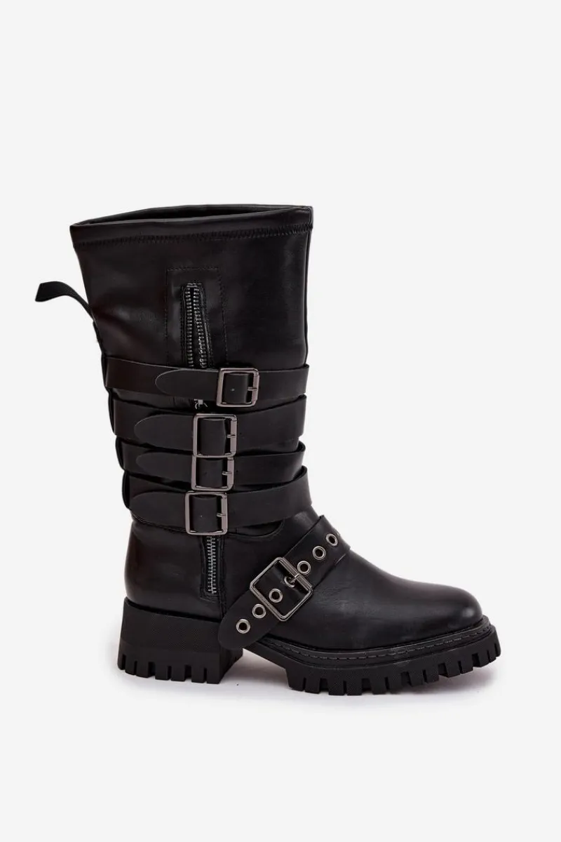 New Boto Ocieplane Kozaki Damskie Z Paskami I Klamrami Czarne Ivaline Czarny