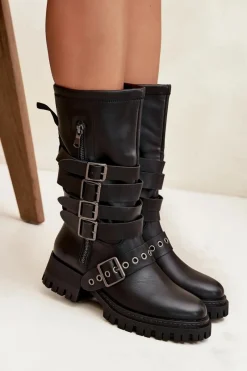 New Boto Ocieplane Kozaki Damskie Z Paskami I Klamrami Czarne Ivaline Czarny