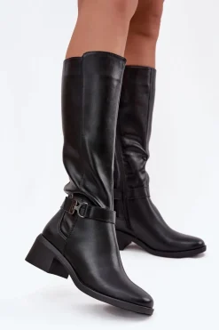 Kozaki Przed Kolano|Kozaki Na Obcasie>Buty Sergio Leone Ocieplane Kozaki Damskie Na Klocku Z Paskiem Sergio Leone KZ25826 Czarne Czarny