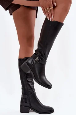 Kozaki Przed Kolano|Kozaki Na Obcasie>Buty Sergio Leone Ocieplane Kozaki Damskie Na Klocku Z Paskiem Sergio Leone KZ25826 Czarne Czarny