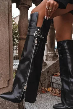 Sale Ocieplane Kozaki Damskie Za Kolano Na Słupku Z Paskiem Klamrą I Srebrnym Zamkiem Czarne Reisa Damskie Kozaki Ocieplane|Muszkieterki