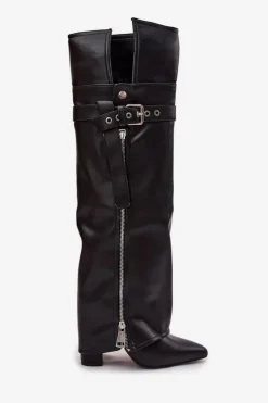 Sale Ocieplane Kozaki Damskie Za Kolano Na Słupku Z Paskiem Klamrą I Srebrnym Zamkiem Czarne Reisa Damskie Kozaki Ocieplane|Muszkieterki