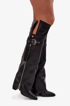 Sale Ocieplane Kozaki Damskie Za Kolano Na Słupku Z Paskiem Klamrą I Srebrnym Zamkiem Czarne Reisa Damskie Kozaki Ocieplane|Muszkieterki