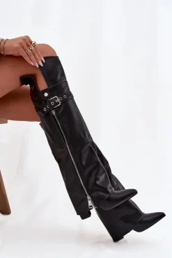Sale Ocieplane Kozaki Damskie Za Kolano Na Słupku Z Paskiem Klamrą I Srebrnym Zamkiem Czarne Reisa Damskie Kozaki Ocieplane|Muszkieterki