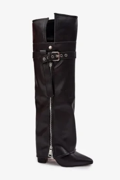 Sale Ocieplane Kozaki Damskie Za Kolano Na Słupku Z Paskiem Klamrą I Srebrnym Zamkiem Czarne Reisa Damskie Kozaki Ocieplane|Muszkieterki