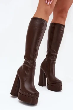 Hot Boto Ocieplane Kozaki Damskie Na Słupku I Platformie Czekoladowe Lysara