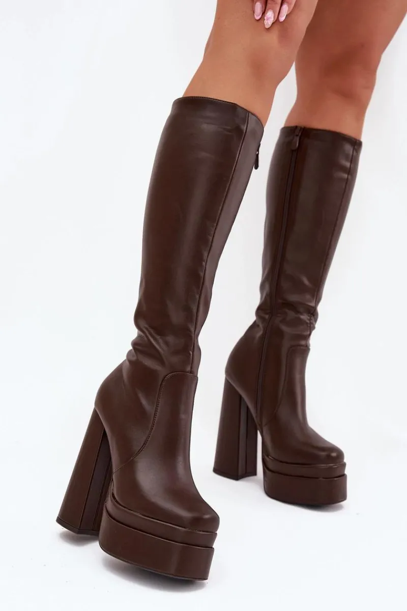 Hot Boto Ocieplane Kozaki Damskie Na Słupku I Platformie Czekoladowe Lysara