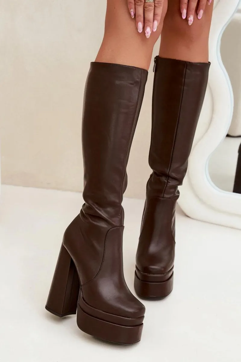 Hot Boto Ocieplane Kozaki Damskie Na Słupku I Platformie Czekoladowe Lysara