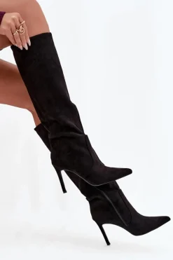 Clearance Ocieplane Kozaki Damskie Na Szpilce Z Eko Zamszu Czarne Rosavine Damskie Kozaki Ocieplane|Kozaki Na Szpilce