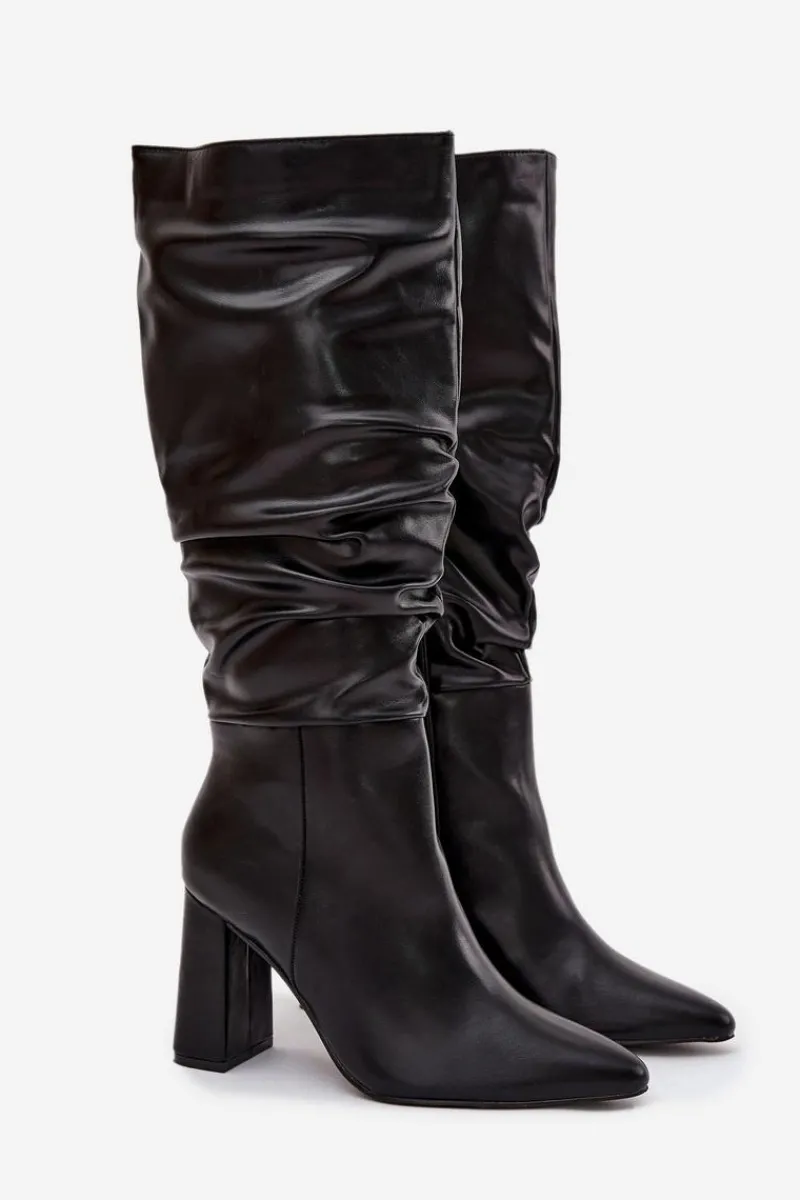 Kozaki Na Słupku|Kozaki Przed Kolano>Boto Ocieplane Kozaki Damskie Na Słupku Z Marszczeniem Czarne Dariane