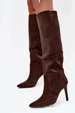 Online Boto Ocieplane Kozaki Damskie Na Szpilce Z Eko Zamszu Czekoladowe Rosavine Brązowy