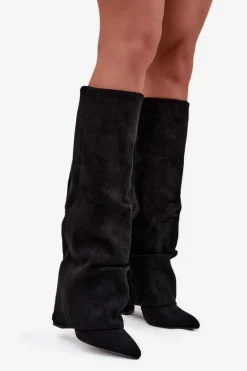 Sale Boto Ocieplane Kozaki Damskie Z Wywiniętą Cholewką Na Słupku Eko Zamszowe Czarne Elivira Czarny