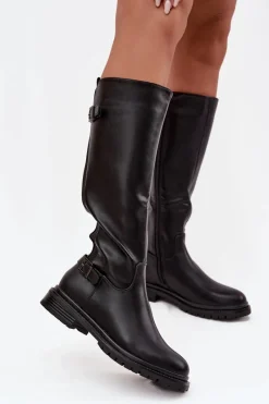 Hot Ocieplane Kozaki Damskie Na Płaskim Obcasie Z Klamrami Czarne Sarelle Damskie Kozaki Ocieplane|Kozaki Płaskie