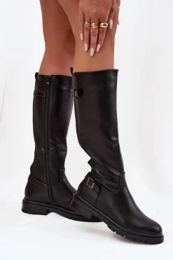 Hot Ocieplane Kozaki Damskie Na Płaskim Obcasie Z Klamrami Czarne Sarelle Damskie Kozaki Ocieplane|Kozaki Płaskie