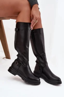 Hot Ocieplane Kozaki Damskie Na Płaskim Obcasie Z Klamrami Czarne Sarelle Damskie Kozaki Ocieplane|Kozaki Płaskie