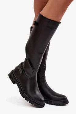Hot Ocieplane Kozaki Damskie Na Płaskim Obcasie Z Klamrami Czarne Sarelle Damskie Kozaki Ocieplane|Kozaki Płaskie