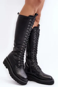 Hot Boto Ocieplane Kozaki Glany Damskie Przed Kolano Czarne Lliclies