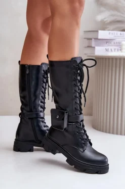 Outlet Ocieplane Kozaki Glany Do Połowy Łydki Z Saszetką Czarne Temisza Damskie Kozaki Wiosenne|Kozaki Płaskie