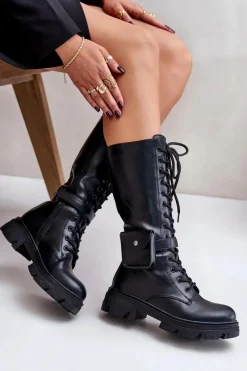 Outlet Ocieplane Kozaki Glany Do Połowy Łydki Z Saszetką Czarne Temisza Damskie Kozaki Wiosenne|Kozaki Płaskie