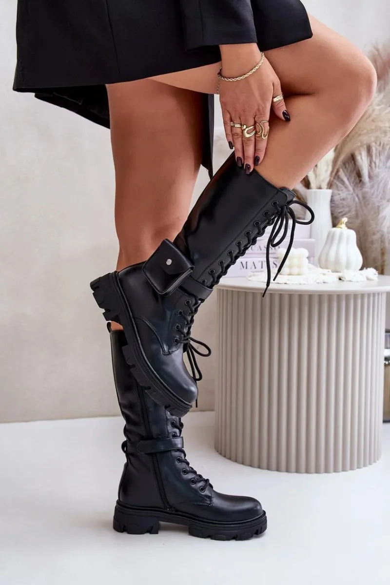 Outlet Ocieplane Kozaki Glany Do Połowy Łydki Z Saszetką Czarne Temisza Damskie Kozaki Wiosenne|Kozaki Płaskie