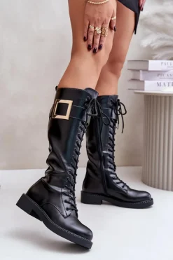 Best Boto Ocieplane Kozaki Glany Z Ozdobną Klamrą Czarne Linnealisa