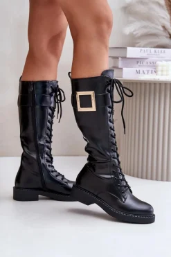 Best Boto Ocieplane Kozaki Glany Z Ozdobną Klamrą Czarne Linnealisa