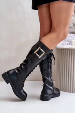 Best Boto Ocieplane Kozaki Glany Z Ozdobną Klamrą Czarne Linnealisa