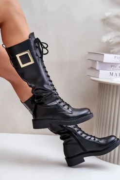 Best Boto Ocieplane Kozaki Glany Z Ozdobną Klamrą Czarne Linnealisa