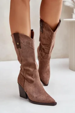 Hot Ocieplane Kozaki Kowbojki Na Słupku Eko Zamszowe Brązowe Hanivin Damskie Kozaki Przed Kolano|Kozaki Na Obcasie